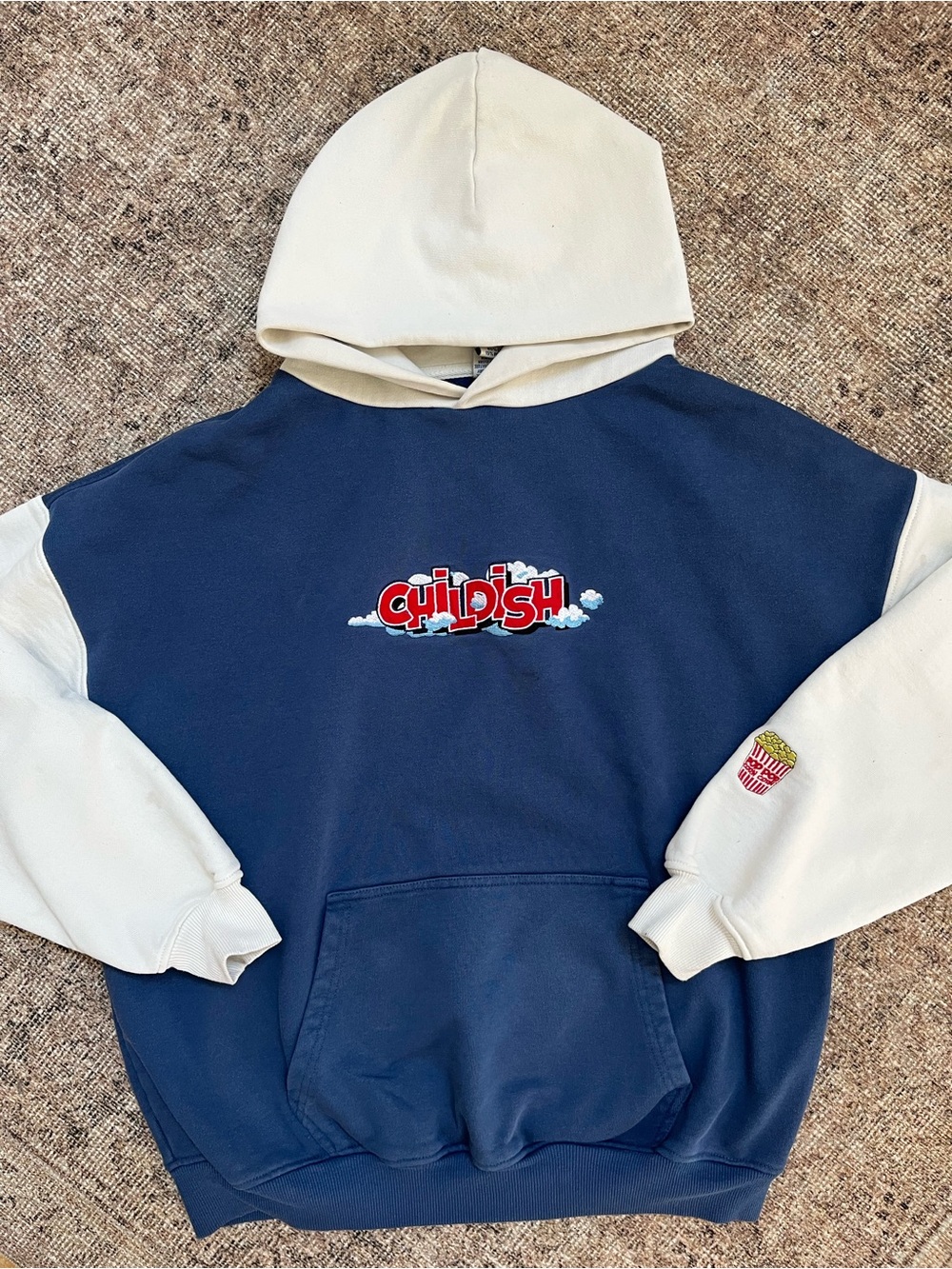 Vintage Childish TGFBRO Branded Colorblock Theme Park Hoodie in Navy & Cream L